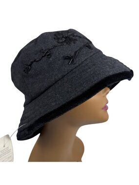NWT Gantos Charcoal Gray Embroidered Floral Bucket Hat With Velvet Brim -Womens